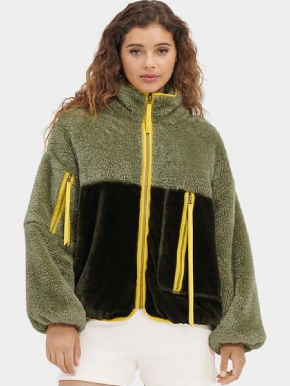 UGG Marlene Sherpa Olive & Dark Green Teddy Jacket with Yellow Trim